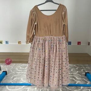 Tan Velvet Dress with Tule Shirt and colorful dots